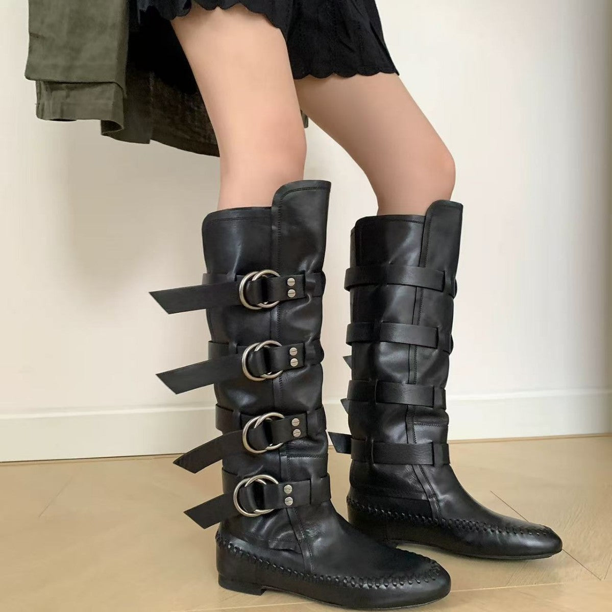 Niche Retro Handmade Sewing Strap American Women's Leather Boots