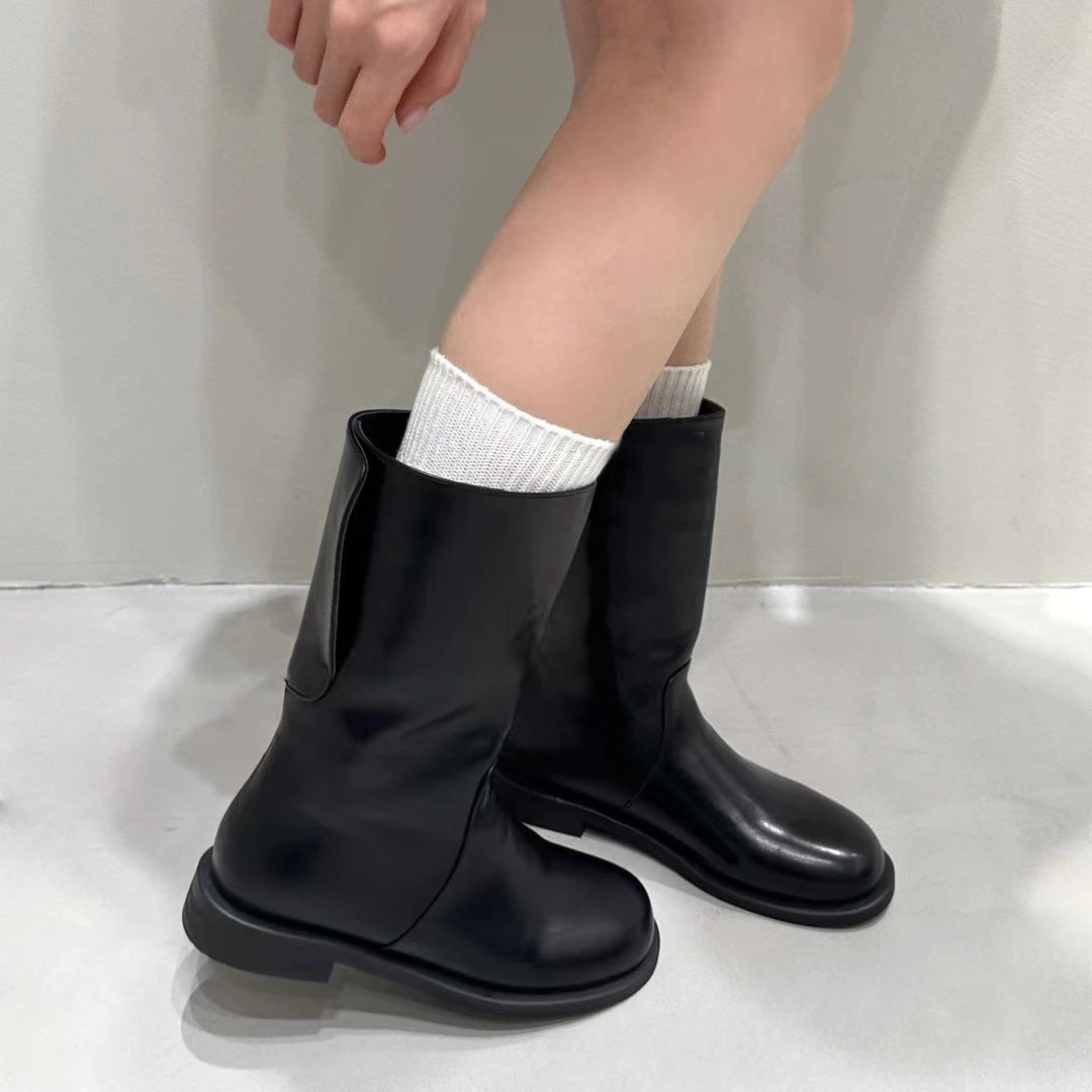 Women's Round Head Niche For Chunky Knight Show Women's Leather Boots