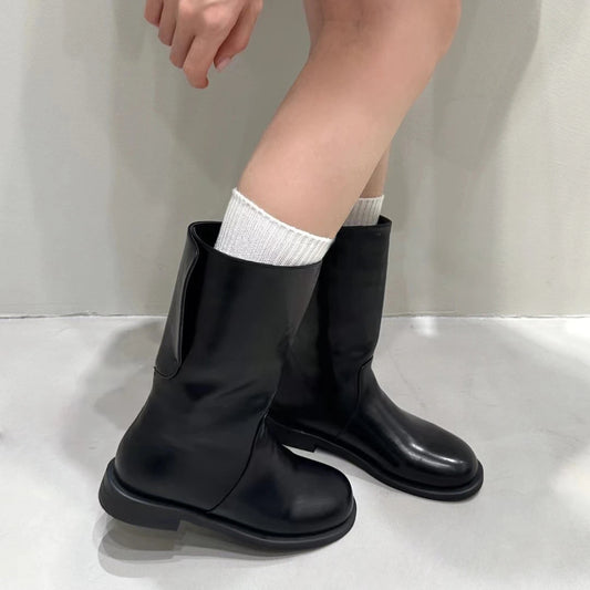 Women's Round Head Niche For Chunky Knight Show Women's Leather Boots