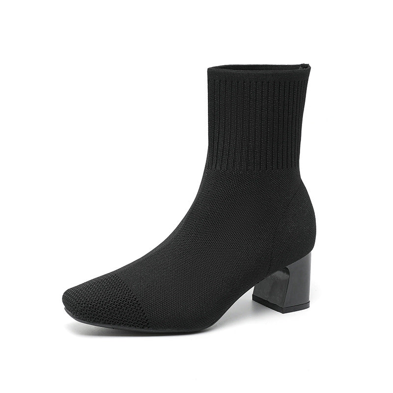 Women's Elastic Chunky Thin Knitted Sock Black Square Boots