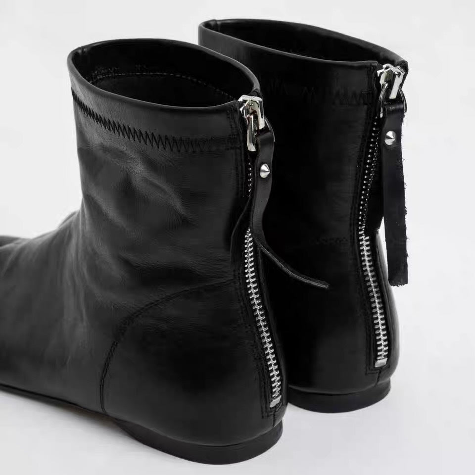 Women's Cowhide Version Niche Trotter Height Increasing Insole Back Zipper Flat Women's Leather Boots