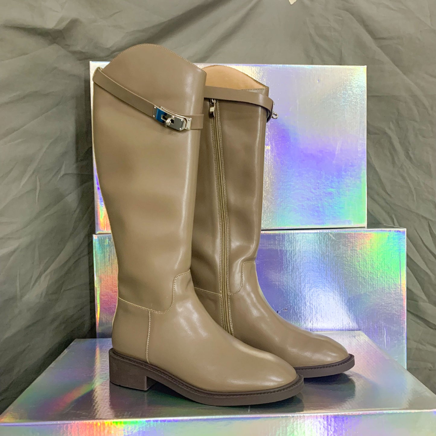 Second Hair Korean Style Slimming Oblique Lock Side Zipper Chunky Women's Leather Boots