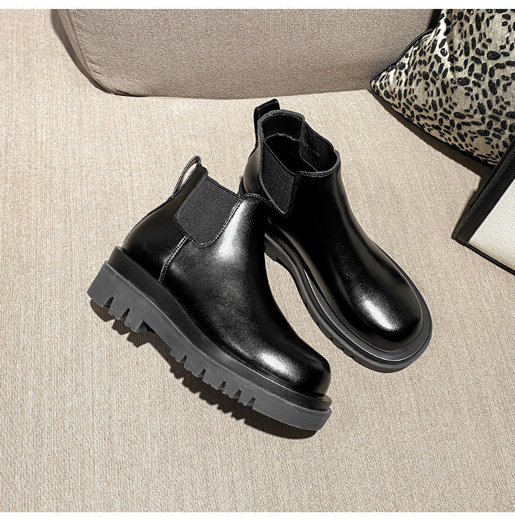 Women's Cowhide Version Fleece-lined Platform Chelsea Booties Hight Increasing Martin Women's Leather Boots