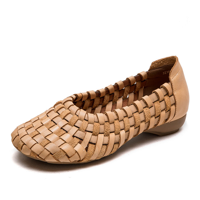 Women's First Layer Cowhide Slip-on Hand-woven Breathable Bottom Men's Shoes