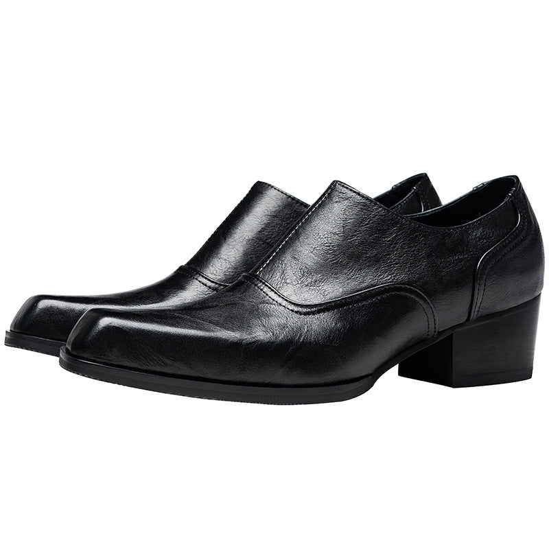 Men's High Square Toe First Layer Cowhide Leather Shoes