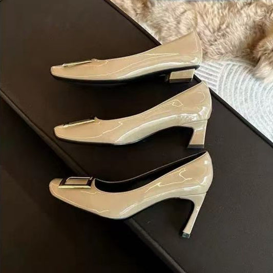 Women's Square Buckle High Patent Toe Elephant Gray Red Wedding Heels