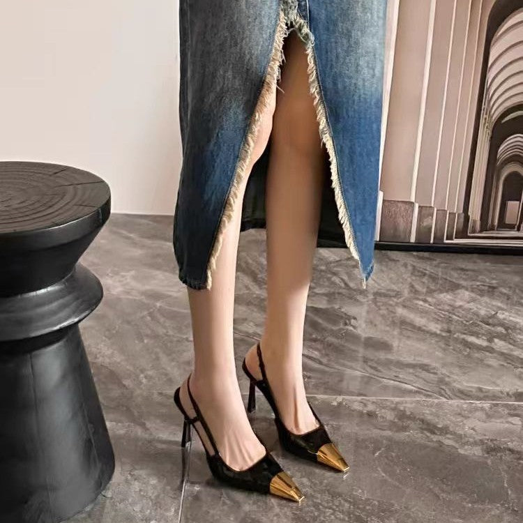 Women's Gold Black Patent Stiletto Sexy Square Toe High Heeled Sandals