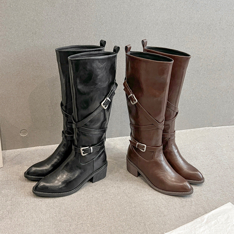 Women's Black High Knight Pointed Chelsea Skinny Women's Leather Boots