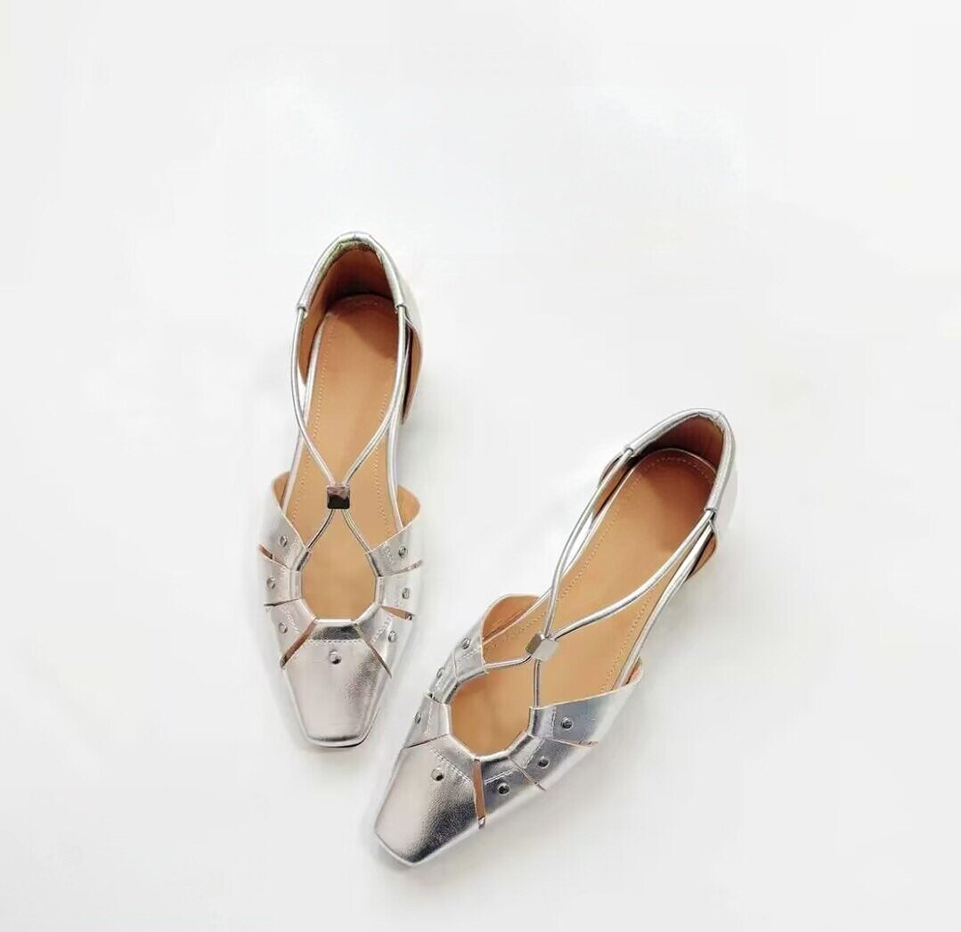 Women's French Square Toe Invisible Elevated Closed Rivet Flat Sandals