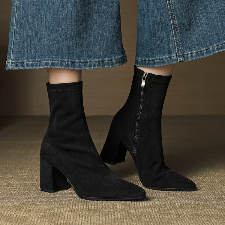 Women's French Style High Stretch Winter Side Zipper Thick Women's Leather Boots