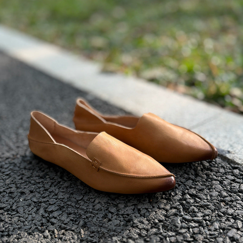 Women's Color First Layer Cowhide Pointed Toe Mid Mouth Low Top Women's Fashion Shoes
