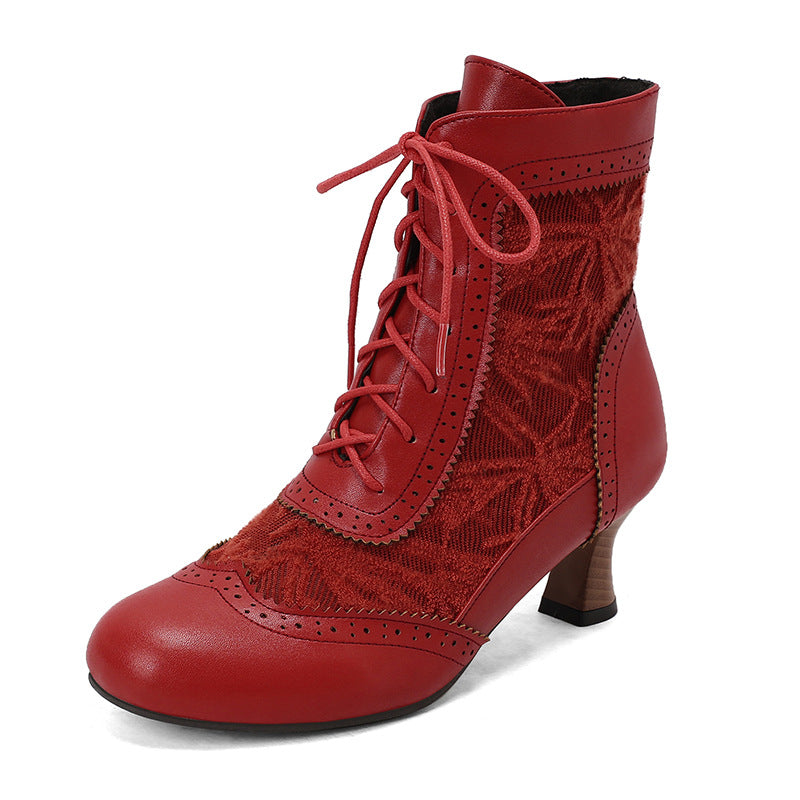 Women's Plus Size Lace Color Matching Booties Women's Leather Boots