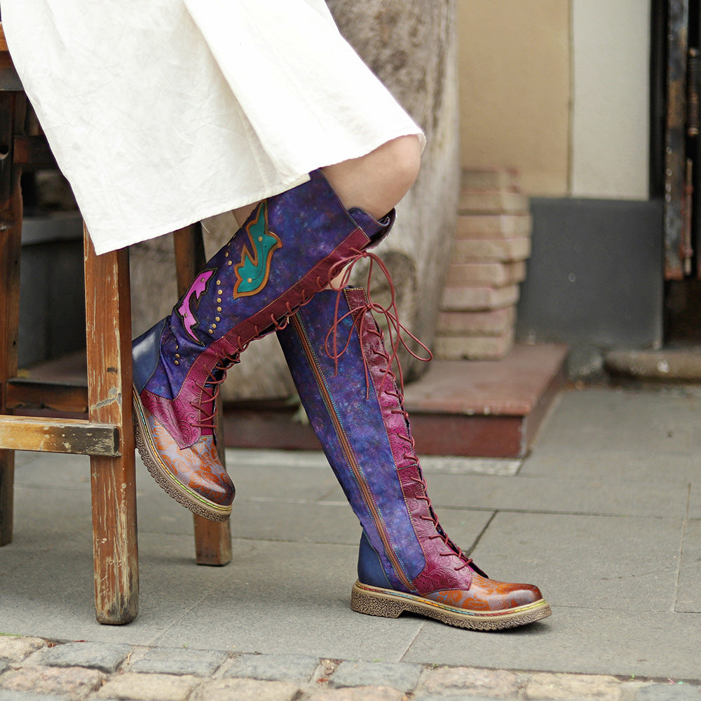 Women's Export Motorcycle Texture Unisex Style Dark Flower Women's Leather Boots