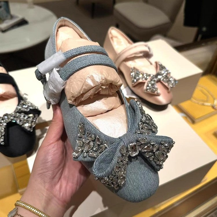 Women's Hidden Dress Flat Denim Rhinestone Strap Shallow Mouth Mary Women's Fashion Shoes