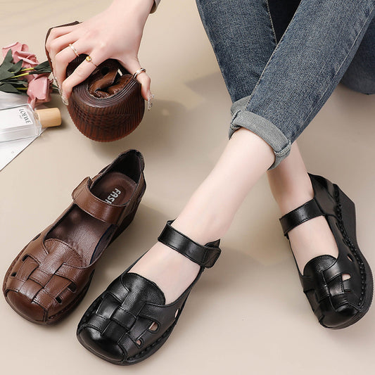 Women's Cowhide Retro Wedge Summer Beef Tendon Soft Bottom Sandals