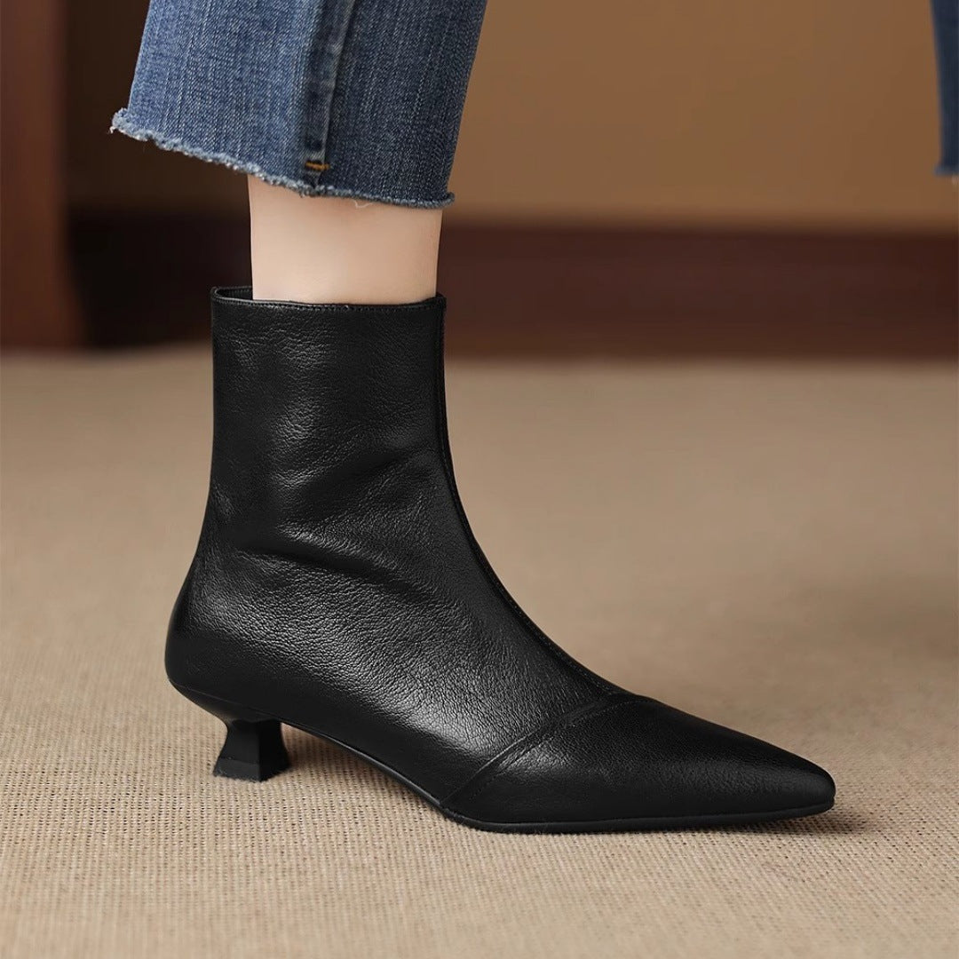 Women's French Soft Ankle Pointed Brown Not Tired Women's Leather Boots