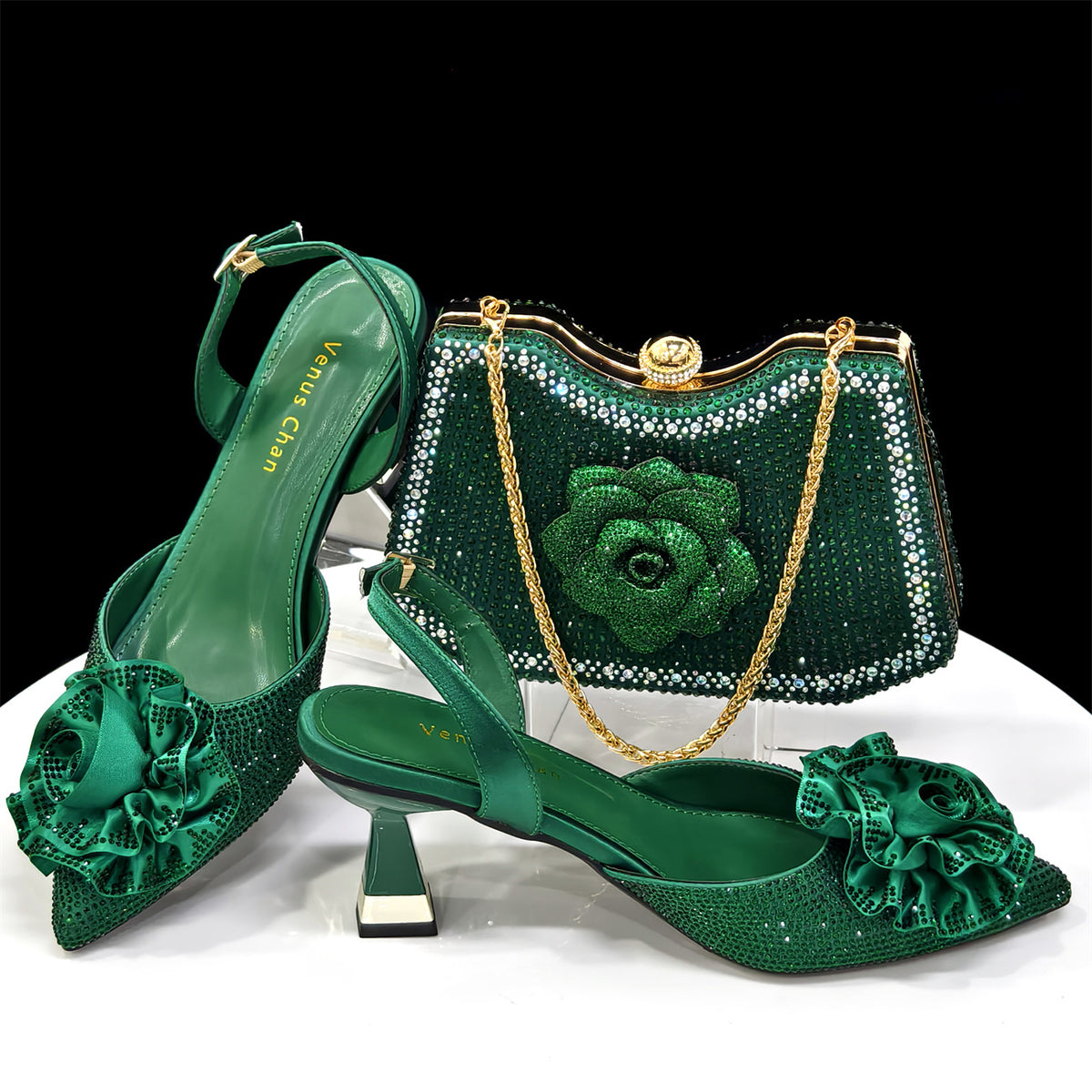 Women's Bags Set Pointed Toe High Rhinestone Flower With Handbag Women's Fashion Shoes