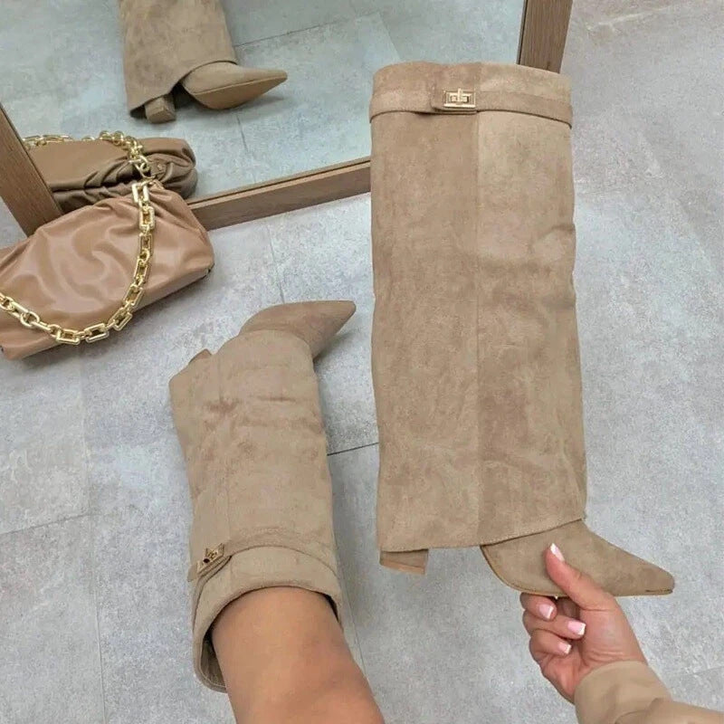 Women's Pointed Toe Large Tube Circumference Straight Metal Buckle Long Size Boots