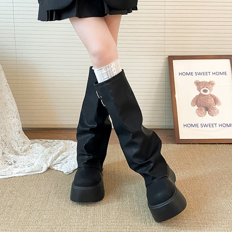 Women's Bottom Increased Autumn Muffin Pleated Pile Pants Pipe Small Boots