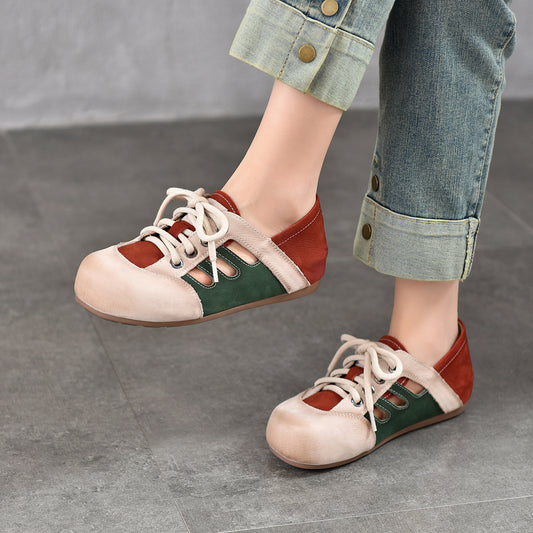 Women's Ugly Cute Color Matching Hollow Out Genuine Leather Shoes