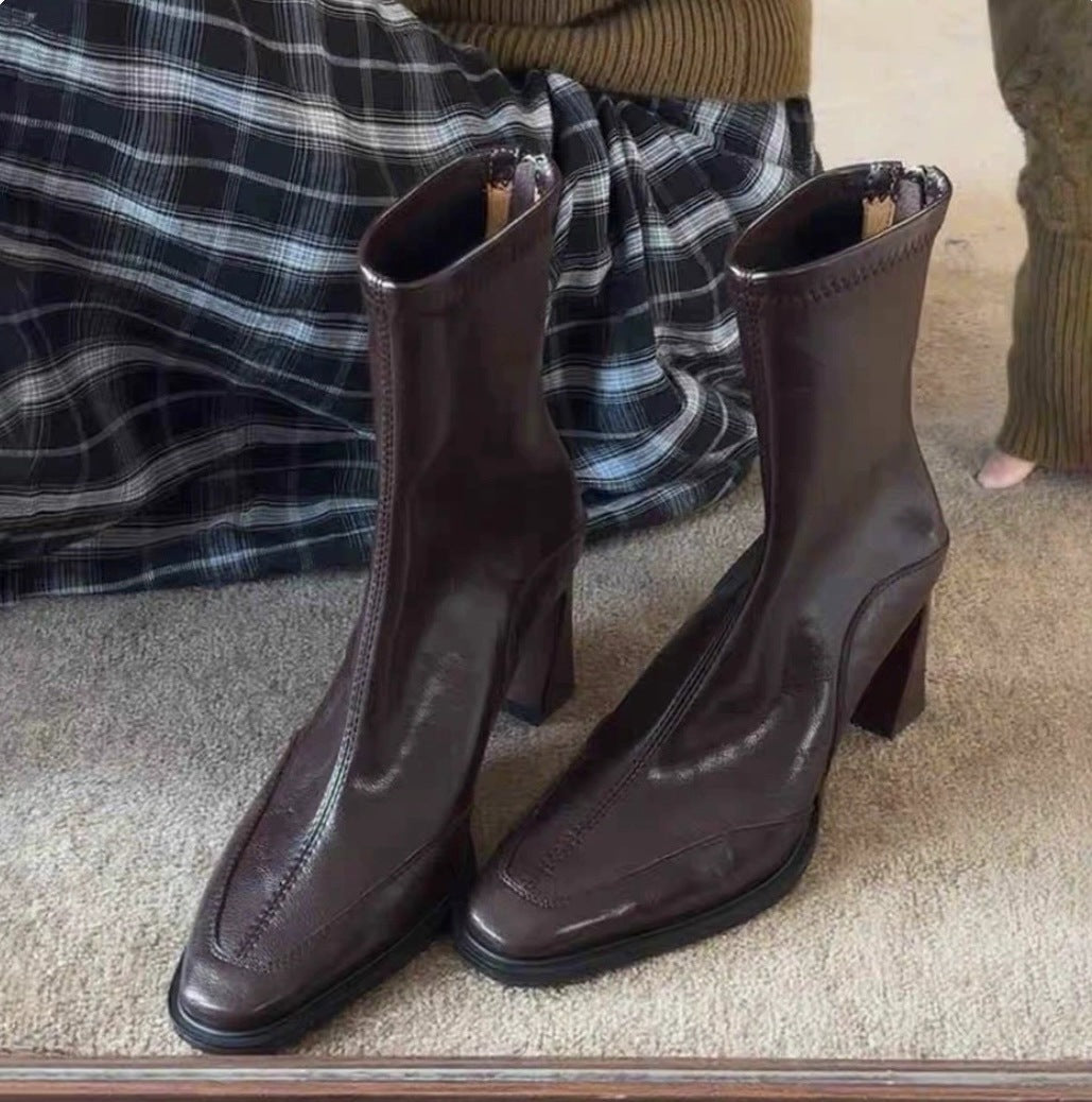 Women's Version Korean Style High Square Toe Skinny Short Chunky Vintage Women's Leather Boots