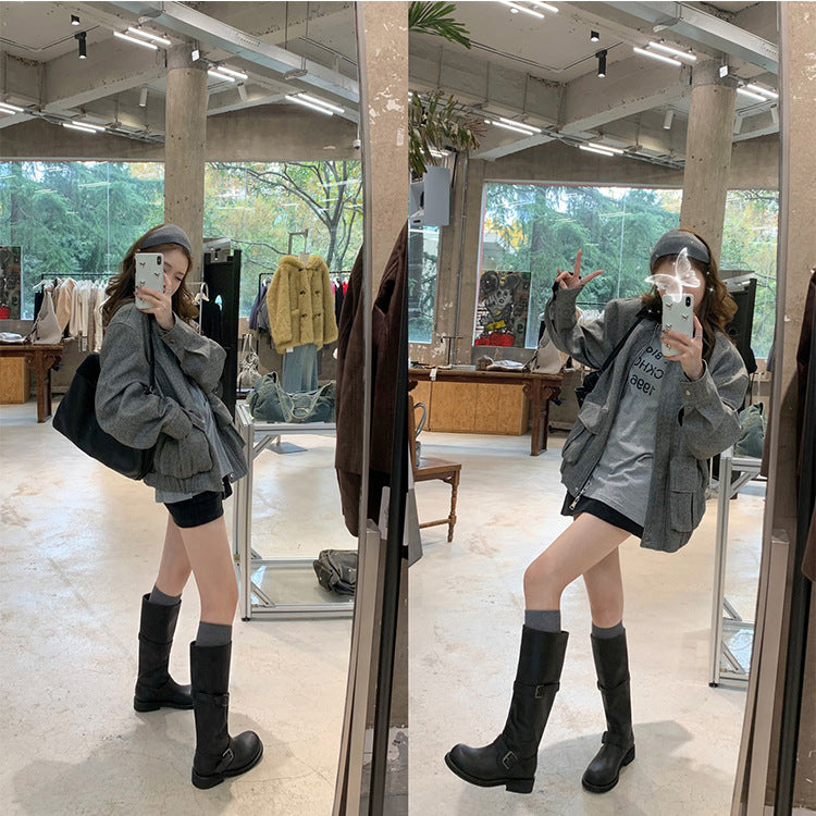 Women's Double Buckle For Round Toe Tube Western Long Female Boots