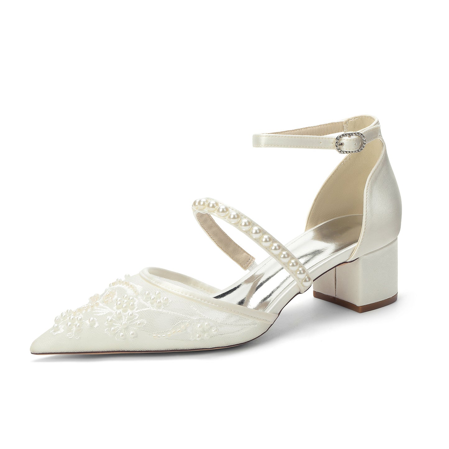 Women's Pointed Pearl Strap Embroidered Wedding Bridal Heels