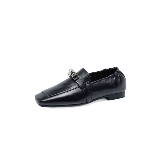 Square Toe Metal Buckle One Pedal Flat Bottom Comfort Small Loafers