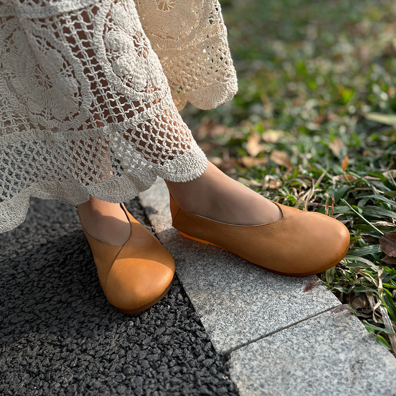 Women's Mori Style Retro Flat Bottom Soft Surface Slip-on Low-cut Cowhide Men's Shoes