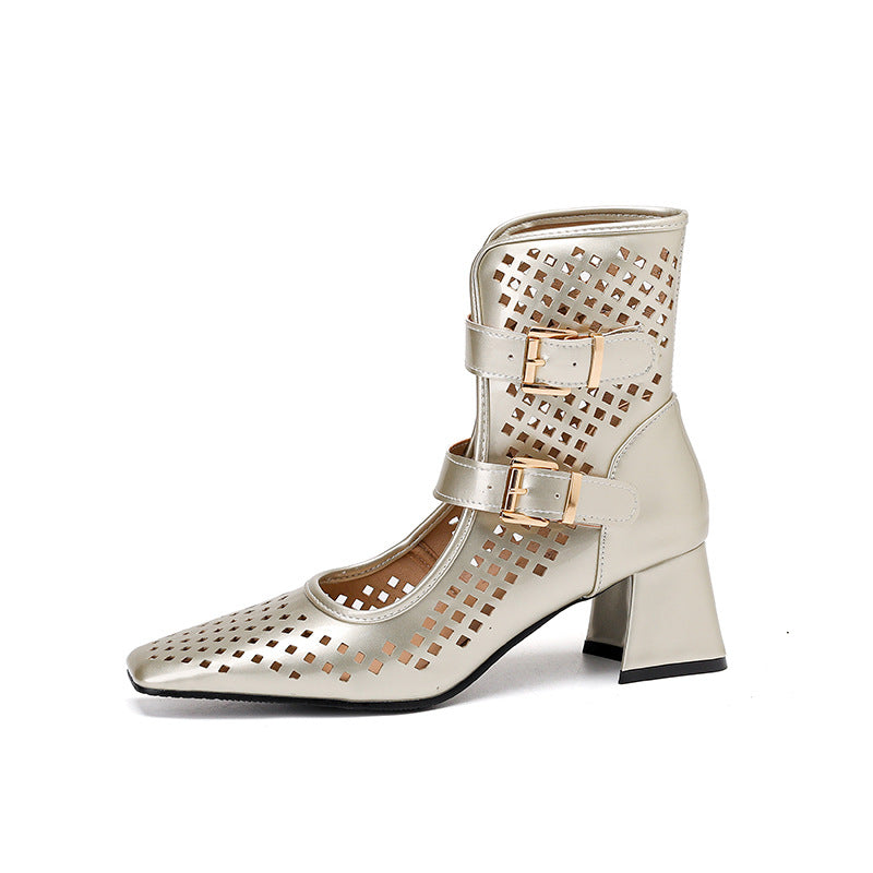 Women's Summer Retro Golden Square Head Chunky High Heeled Sandals