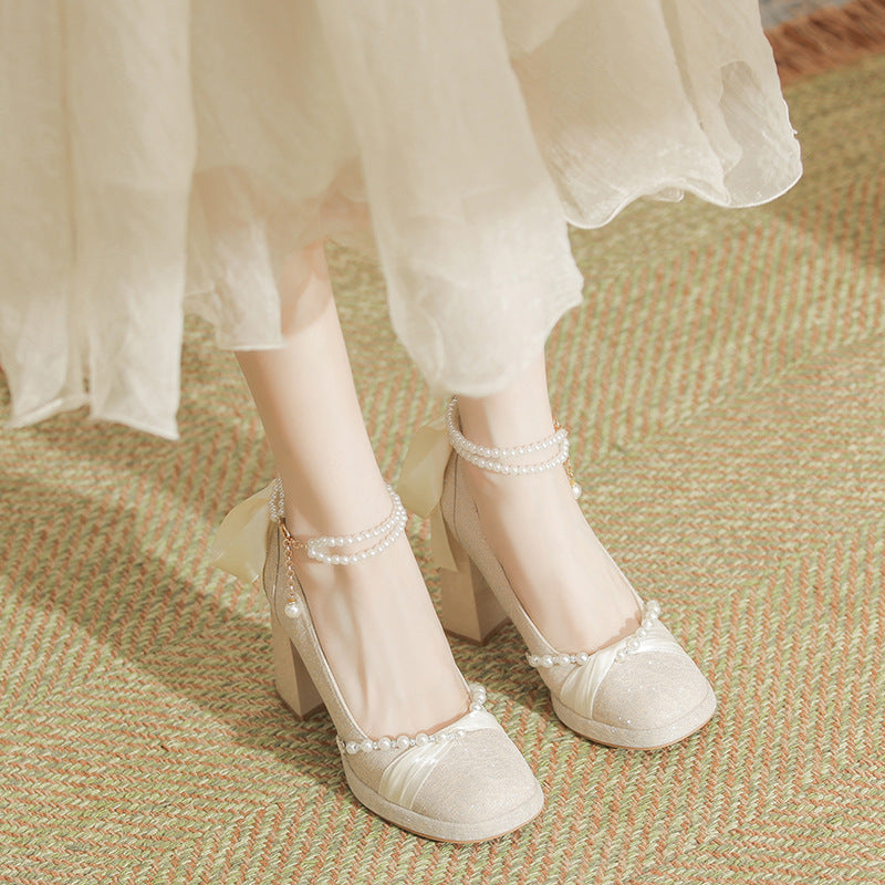 Women's Jane High Small Chunky Adult Ceremony Wedding Dress Two-way Engagement Heels