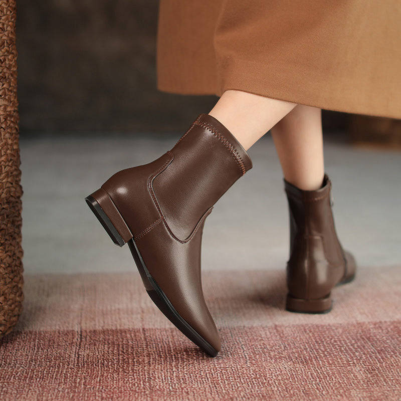 Women's Small Beige Flat Ankle Simple Stretch Women's Leather Boots