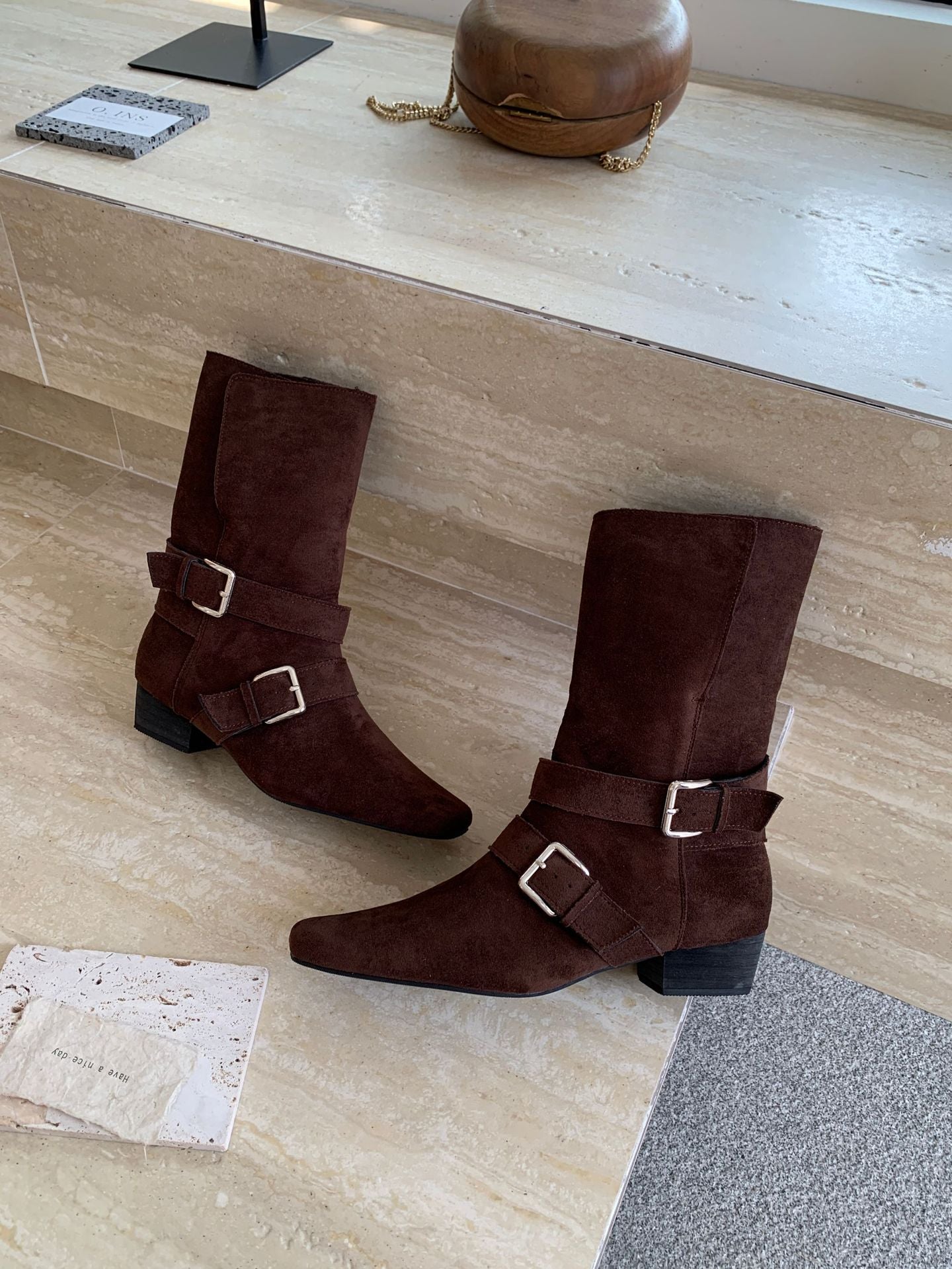 Women's Chunky Vintage Suede Thin Booties Knight French Belt Men's Shoes