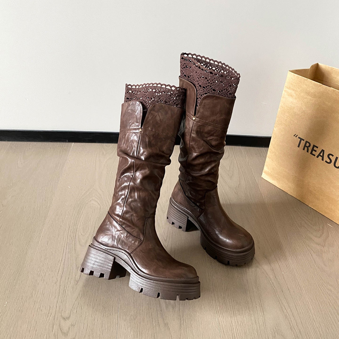 High Lace Chunky Platform Below The Knee Women's Leather Boots