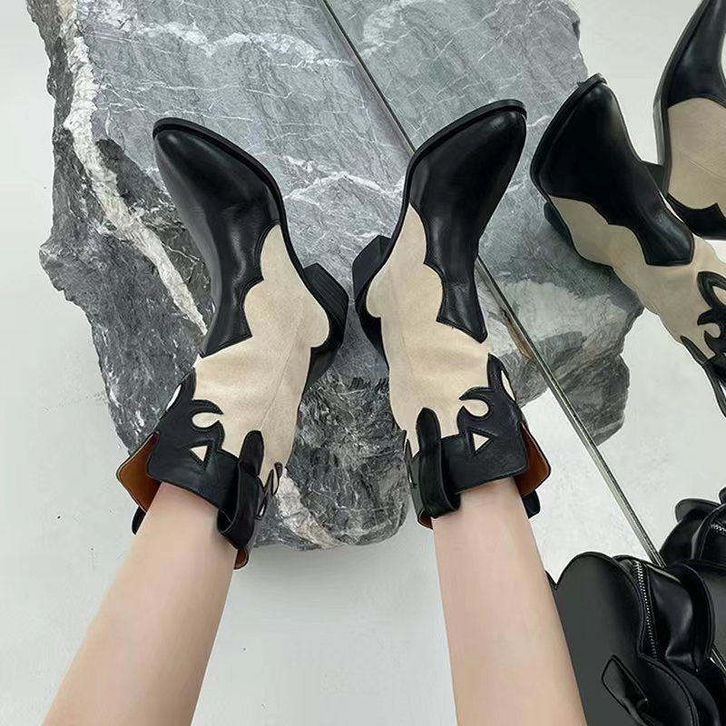 Women's Summer Thin Fashion Stitching Retro Slimming Thick Middle Women's Leather Boots