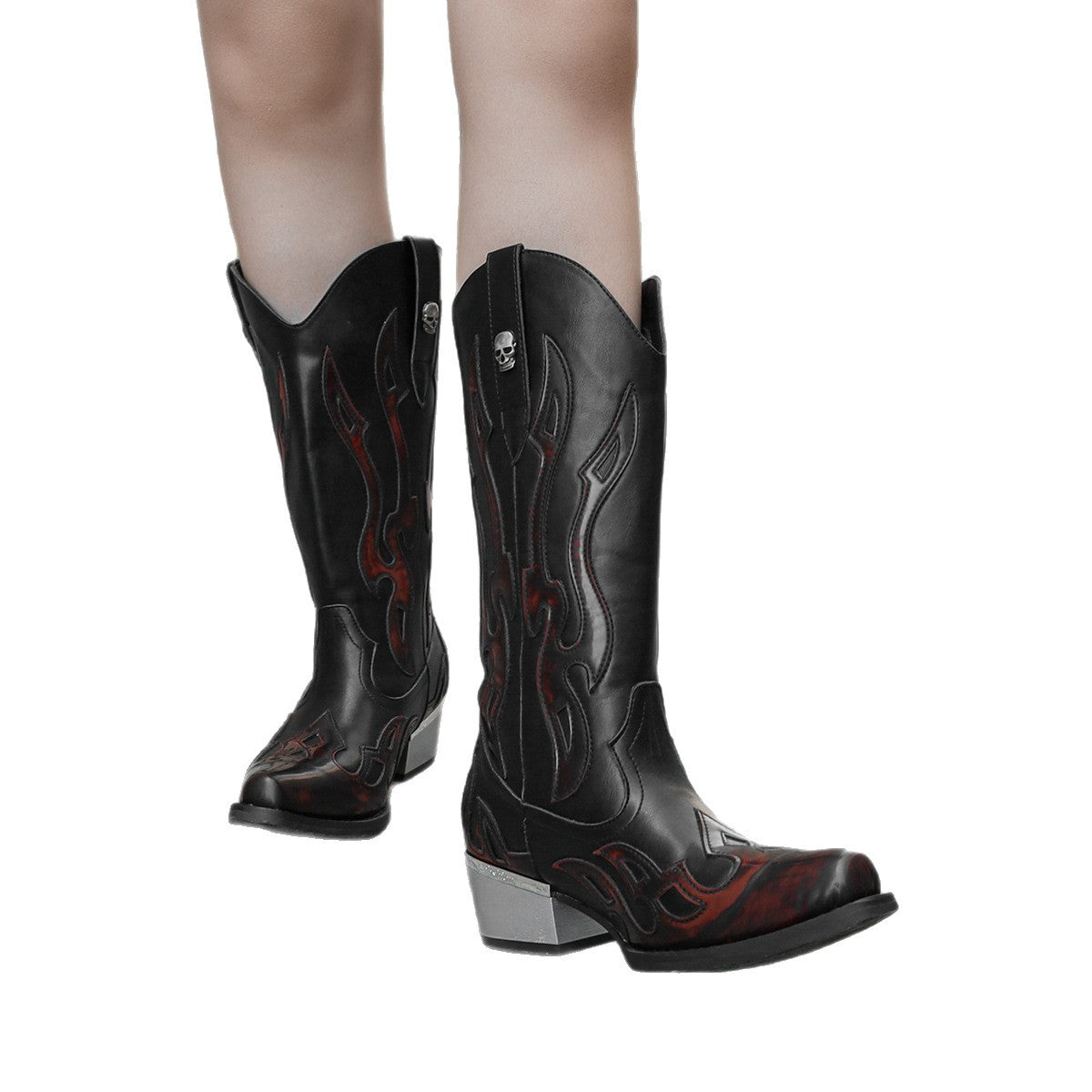 Women's & Men's American Size Embroidered Square Toe Thick Middle Vintage Women's Leather Boots