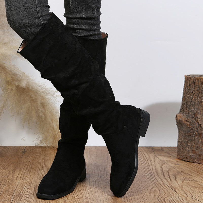 Women's Pleated Pile Style Chunky Below The Knee Boots