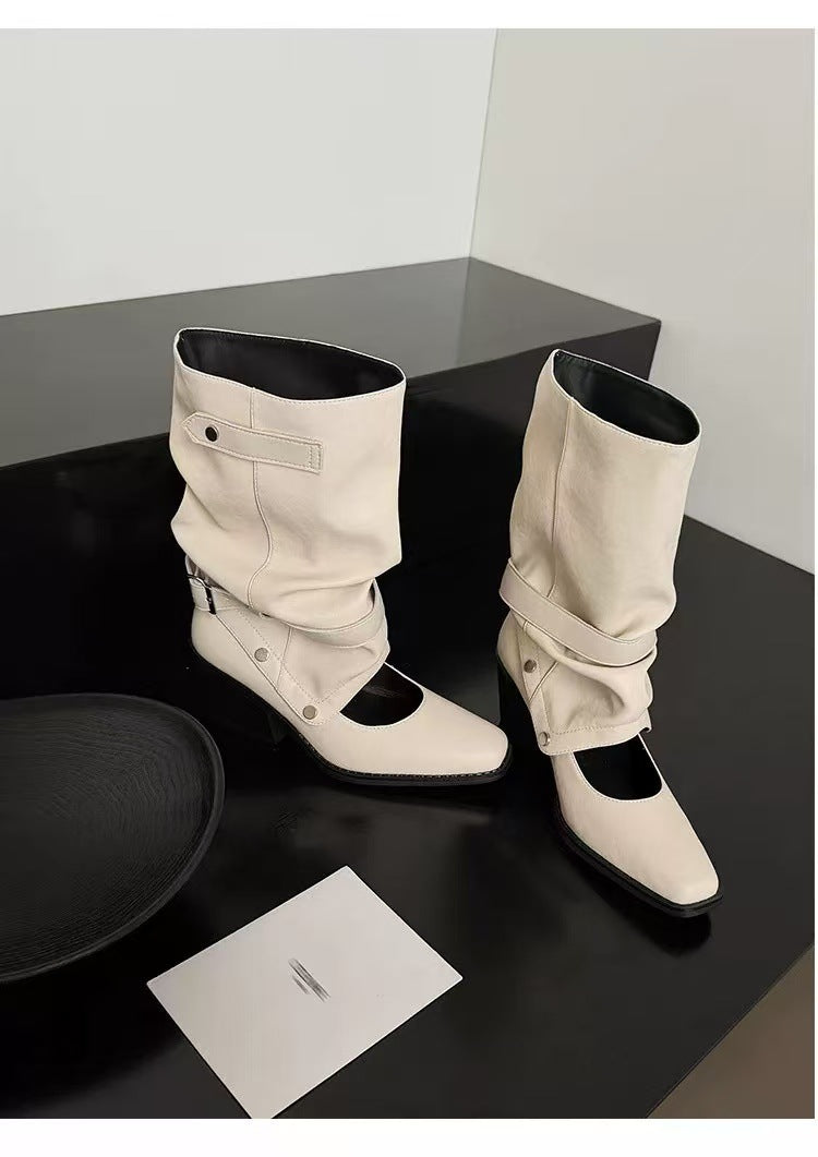 Women's Western Cowboy Pleated Pile Pants Pipe Black Round Retro Women's Leather Boots