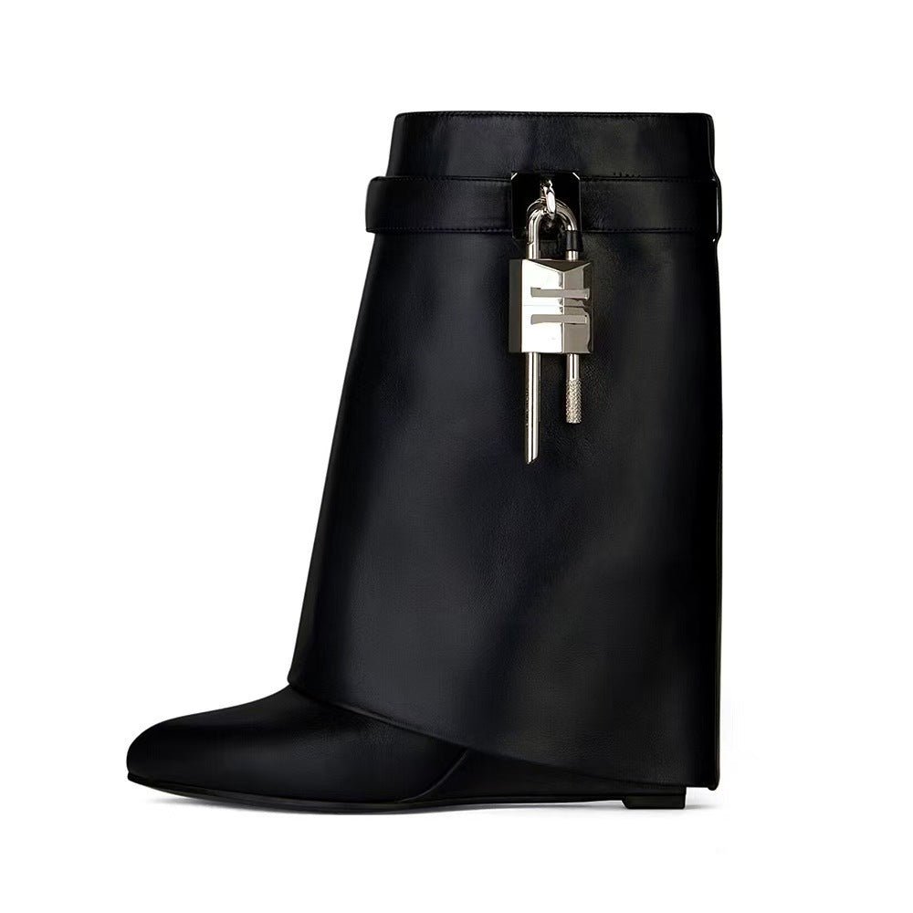 Women's Large Tube Lock Skirt Broken Round Toe Surface High Short Heels