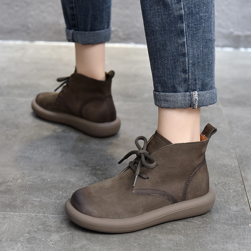 Women's First Layer Cowhide Round Toe Mid Boots