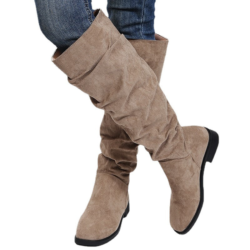 Women's Suede Chunky High Autumn Pleated Pile Boots