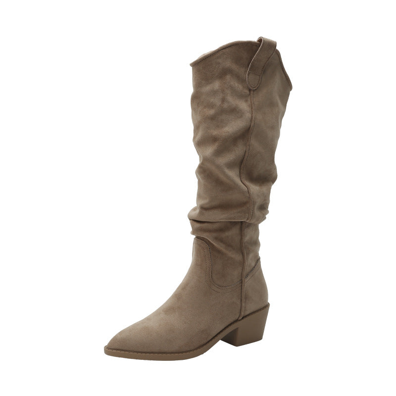 Women's Suede Knight V Buckle Skinny Pile Style Chunky Women's Leather Boots