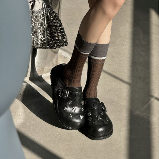 Women's Half Toe Cap Belt Buckle Flat Outer Wear Pumps Fashionable Thick-soles Slippers