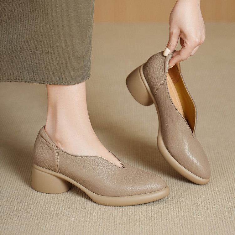 Pointed Toe Chunky V Cut Versatile Mom Soft Mid Women's Fashion Shoes