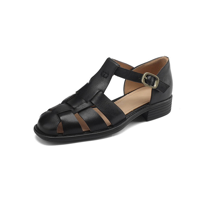 First Layer Cowhide Round Toe Low French Retro Roman Hollowed Flat Sandals