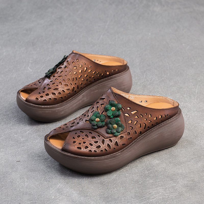 National Style Wedge Peep Toe Hollow Breathable Fashionable Slippers