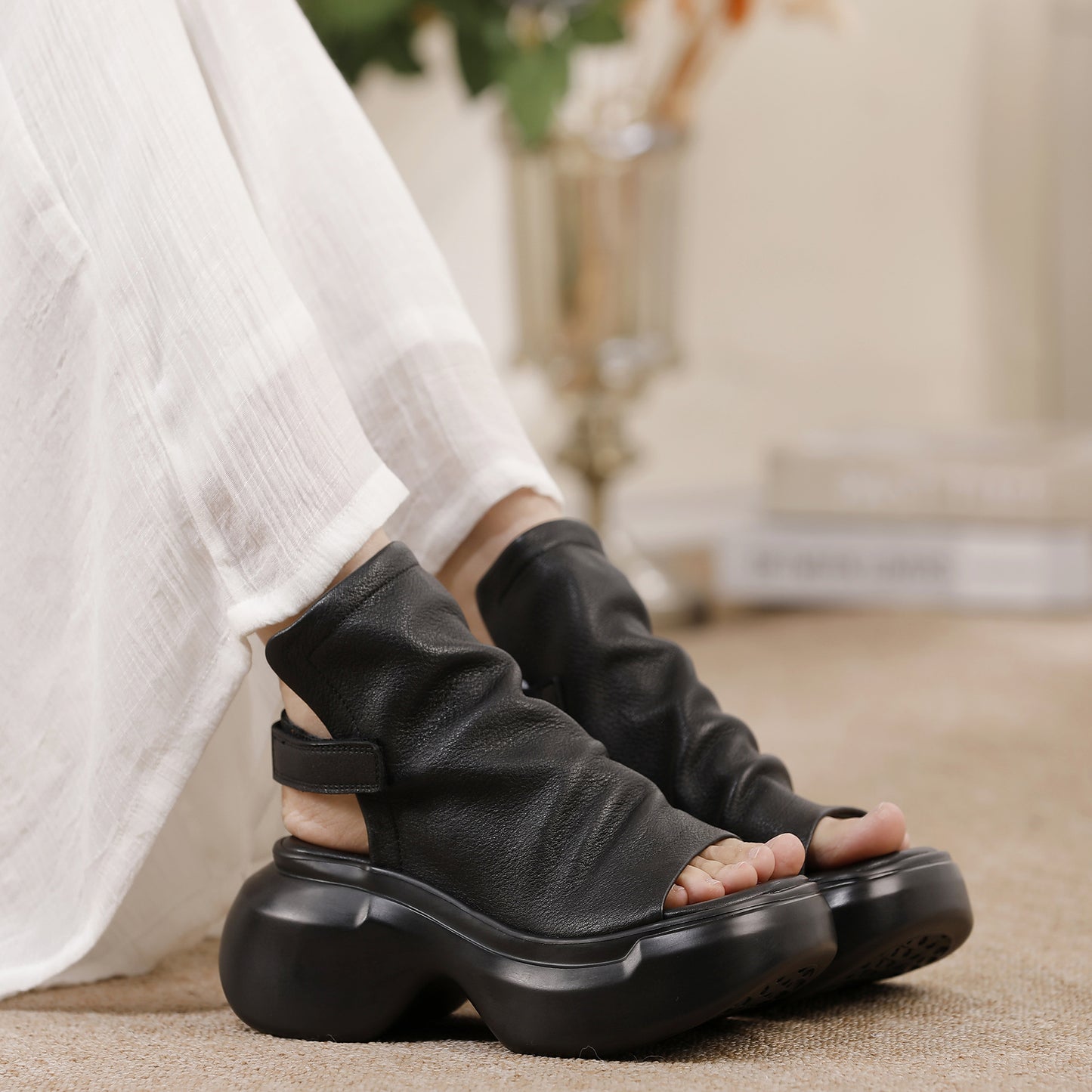 Women's Genuine Fish Mouth Soft Cowhide Comfortable Platform Sandals