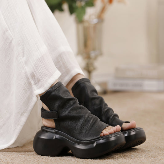 Women's Genuine Fish Mouth Soft Cowhide Comfortable Platform Sandals