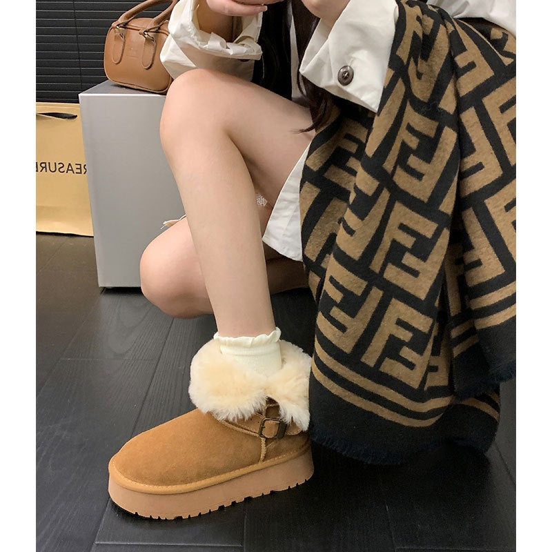 Women's Fabric Cow Suede Mouth Real Wool In Insole Containing Women's Snow Boots