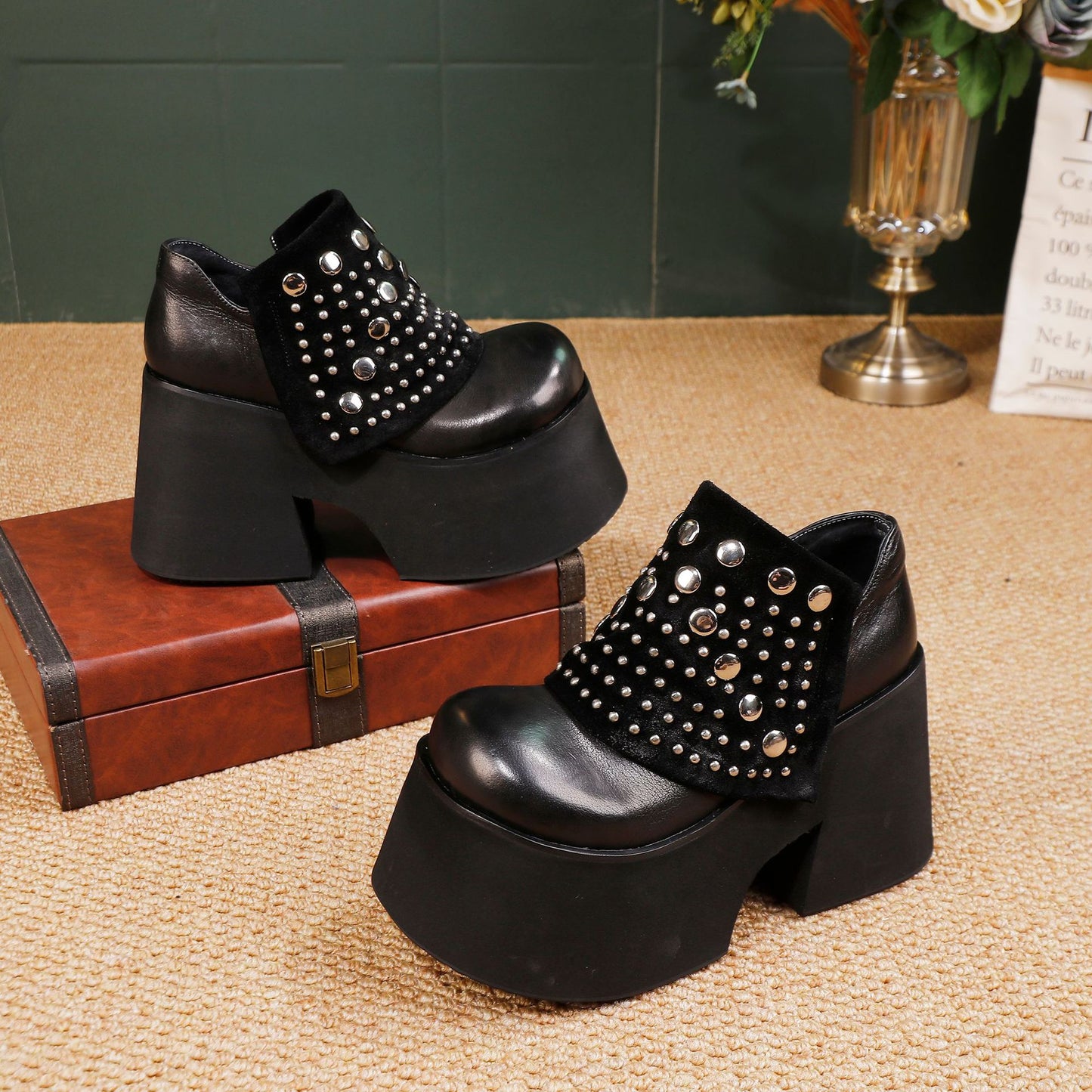 Elevator First Layer Cowhide Ankle Rivet Fashionable Women's Leather Boots